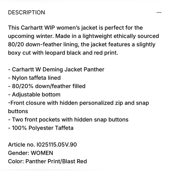 Carhartt WIP Deming Red Panther Puffer Jacket (NWT) - Picture 7 of 9